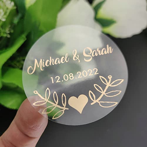 100 personalisierbare, glänzende, goldfarbene, transparente Aufkleber, Partygeschenke, Etiketten, personalisierbar, für Hochzeit, Verlobung, Jahrestag, Geburtstag (Gold, 4 cm) von gors