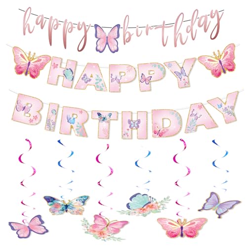 gotyou Schmetterling Deko,Schmetterling Deko Geburtstag,Happy Birthday Banner Rosa,für Mädchen Geburtstag Hochzeit Frühling Sommer Party Deko gotyou Schmetterling Deko,Schmetterling Deko Geburtstag,Happy Birthday Banner Rosa,für Mädchen Geburtstag Hochzeit Frühling Sommer Party Deko von gotyou