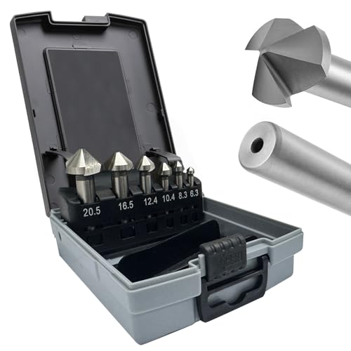 6-teiliges Senkbohrer-Set, 3-schneidig 90-Grad-HSS-Fasenwerkzeugbohrer, Entgratungsfasenbohrer für Metall, Holz, Aluminium, Edelstahl (6,3/8,3/10,4/12,4/16,5/20,5 mm) von greywolf