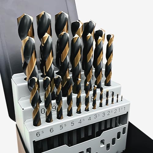 GREYWOLF 25-teiliges Bohrerset, HSS-Hartmetallbohrer, Schwarz-Gold-Finish, Metallbohrerset mit Indexbox, für gehärtetes Metall, Gusseisen und Holz-Kunststoff (1,0 mm - 13,0 mm) von greywolf