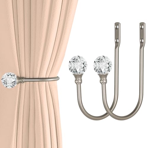 Groleca 2 x robuste U-förmige Metall-Vorhang-Raffhalter mit transparenten Kristallkugeln, Vorhanghalter für Vorhänge (Silber) von groleca