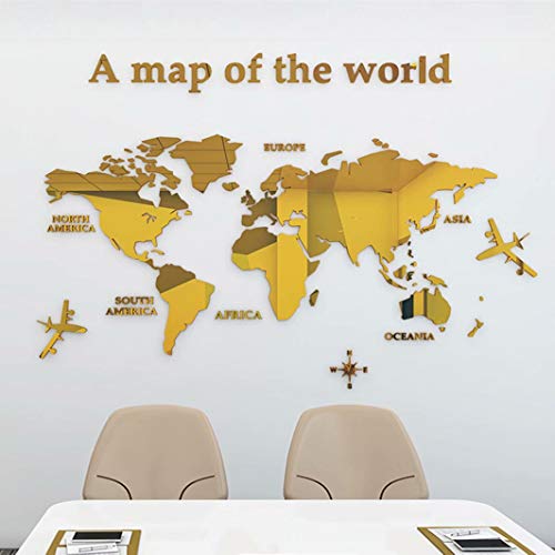 Wandaufkleber Wandtattoo 3D DIY Weltkarte Sticker Familie Wandbilder Wandkunst für Hause Wohnzimmer Schlafzimmer (Gold,L:180x100cm) von guangmu
