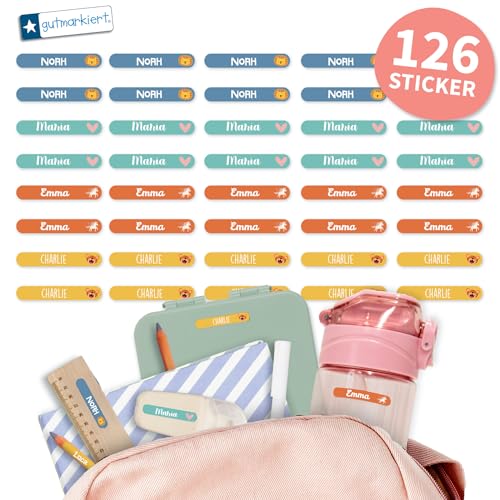 Gutmarkiert – Mini Namensaufkleber für Kinder – Personalisierbare Namensetiketten mit Namen & Symbol – wasserfest und langlebig – Ideal für Schule & Kindergarten. Format: 38x6mm. (Colorful, 126) von gutmarkiert