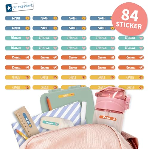 Gutmarkiert – Mini Namensaufkleber für Kinder – Personalisierbare Namensetiketten mit Namen & Symbol – wasserfest und langlebig – Ideal für Schule & Kindergarten. Format: 38x6mm. (Colorful, 84) von gutmarkiert