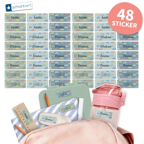Gutmarkiert - Personalisierte Namensaufkleber für die Schule, ideal für Hefte, Bücher, Trinkflaschen und Brotdosen. Mikrowellen- und spülmaschinenfest. Format: 4,1 x 1,6 cm. (Autos, 48) von gutmarkiert
