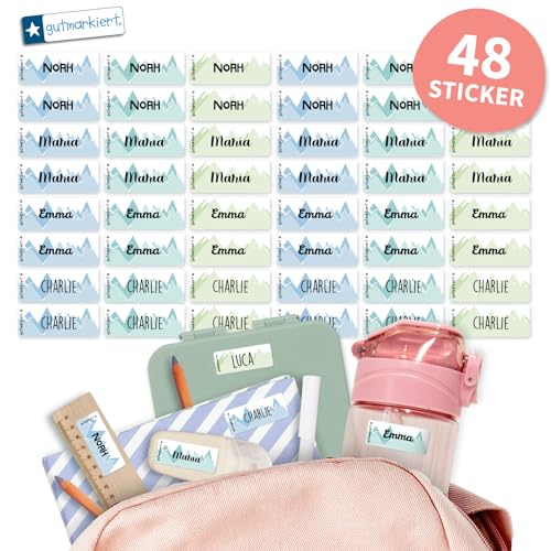 Gutmarkiert - Personalisierte Namensaufkleber für die Schule, ideal für Hefte, Bücher, Trinkflaschen und Brotdosen. Mikrowellen- und spülmaschinenfest. Format: 4,1 x 1,6 cm. (Berge, 48) von gutmarkiert