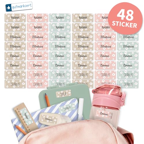 Gutmarkiert - Personalisierte Namensaufkleber für die Schule, ideal für Hefte, Bücher, Trinkflaschen und Brotdosen. Mikrowellen- und spülmaschinenfest. Format: 4,1 x 1,6 cm. (Blümchen, 48) von gutmarkiert