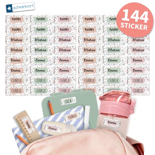 Gutmarkiert - Personalisierte Namensaufkleber für die Schule, ideal für Hefte, Bücher, Trinkflaschen und Brotdosen. Mikrowellen- und spülmaschinenfest. Format: 4,1 x 1,6 cm. (Blumen Design, 144) von gutmarkiert