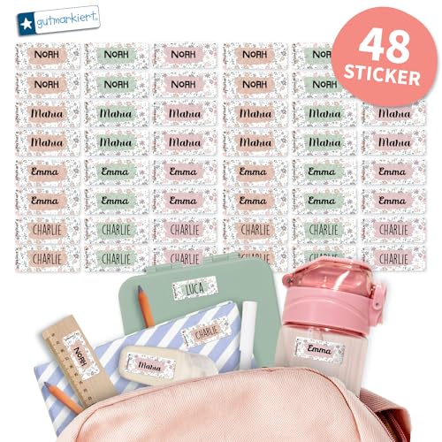 Gutmarkiert - Personalisierte Namensaufkleber für die Schule, ideal für Hefte, Bücher, Trinkflaschen und Brotdosen. Mikrowellen- und spülmaschinenfest. Format: 4,1 x 1,6 cm. (Blumen Design, 48) von gutmarkiert