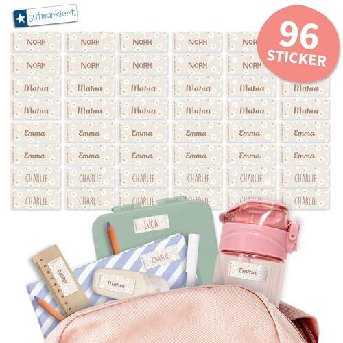Gutmarkiert - Personalisierte Namensaufkleber für die Schule, ideal für Hefte, Bücher, Trinkflaschen und Brotdosen. Mikrowellen- und spülmaschinenfest. Format: 4,1 x 1,6 cm. (Gänseblümchen, 96) von gutmarkiert