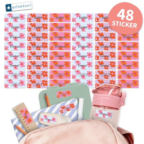 Gutmarkiert - Personalisierte Namensaufkleber für die Schule, ideal für Hefte, Bücher, Trinkflaschen und Brotdosen. Mikrowellen- und spülmaschinenfest. Format: 4,1 x 1,6 cm. (Pink Flowers, 48) von gutmarkiert