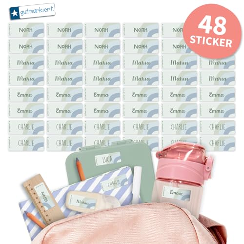 Gutmarkiert - Personalisierte Namensaufkleber für die Schule, ideal für Hefte, Bücher, Trinkflaschen und Brotdosen. Mikrowellen- und spülmaschinenfest. Format: 4,1 x 1,6 cm. (Regenbogen blau, 48) von gutmarkiert