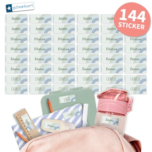 Gutmarkiert - Personalisierte Namensaufkleber für die Schule, ideal für Hefte, Bücher, Trinkflaschen und Brotdosen. Mikrowellen- und spülmaschinenfest. Format: 4,1 x 1,6 cm. (Regenbogen blau, 96) von gutmarkiert