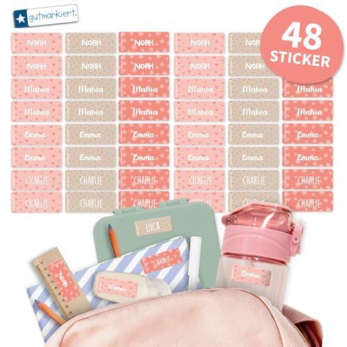 Gutmarkiert - Personalisierte Namensaufkleber für die Schule, ideal für Hefte, Bücher, Trinkflaschen und Brotdosen. Mikrowellen- und spülmaschinenfest. Format: 4,1 x 1,6 cm. (Rosa Design, 48) von gutmarkiert