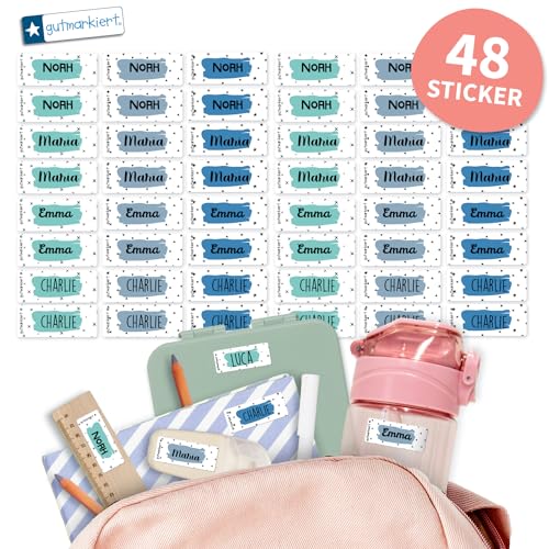 Gutmarkiert - Personalisierte Namensaufkleber für die Schule, ideal für Hefte, Bücher, Trinkflaschen und Brotdosen. Mikrowellen- und spülmaschinenfest. Format: 4,1 x 1,6 cm. (Weiß Blau, 48) von gutmarkiert