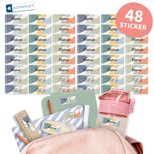 Gutmarkiert - Personalisierte Namensaufkleber für die Schule, ideal für Hefte, Bücher, Trinkflaschen und Brotdosen. Mikrowellen- und spülmaschinenfest. Format: 4,1 x 1,6 cm. (Wellen blau, 48) von gutmarkiert