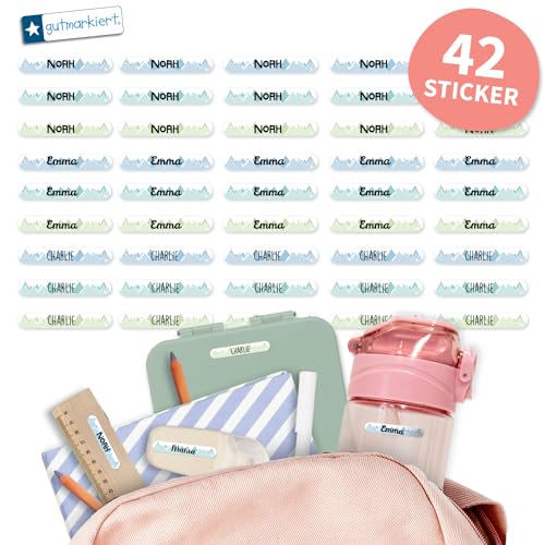 Gutmarkiert - Personalisierte Namensaufkleber für kleine Gegenstände wie Stifte, Bleistifte, Lineal, Zahnbürsten usw. Mikrowellen- und spülmaschinenfest. Format: 3,8 x 0,6 cm. (Berge, 42) von gutmarkiert