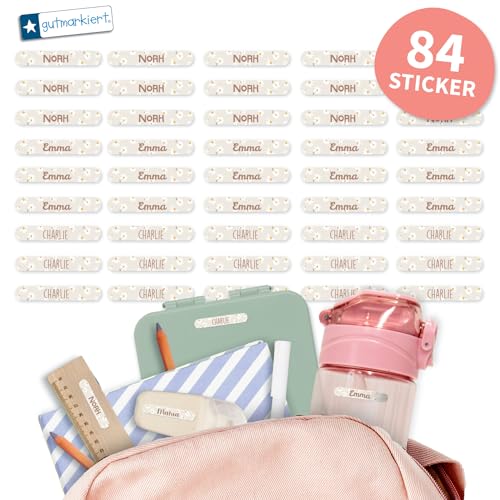 Gutmarkiert - Personalisierte Namensaufkleber für kleine Gegenstände wie Stifte, Bleistifte, Lineal, Zahnbürsten usw. Mikrowellen- und spülmaschinenfest. Format: 3,8 x 0,6 cm. (Gänseblümchen, 84) von gutmarkiert