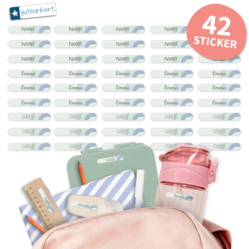 Gutmarkiert - Personalisierte Namensaufkleber für kleine Gegenstände wie Stifte, Bleistifte, Lineal, Zahnbürsten usw. Mikrowellen- und spülmaschinenfest. Format: 3,8 x 0,6 cm. (Regenbogen blau, 42) von gutmarkiert
