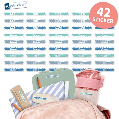 Gutmarkiert - Personalisierte Namensaufkleber für kleine Gegenstände wie Stifte, Bleistifte, Lineal, Zahnbürsten usw. Mikrowellen- und spülmaschinenfest. Format: 3,8 x 0,6 cm. (Weiß Blau, 42) von gutmarkiert