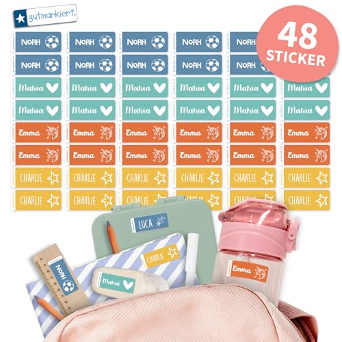 Gutmarkiert - Personalisierter Namensaufkleber, Etiketten in trendigen Farben (48 Etiketten - 4,1 x 1,6 cm)- mit Namen und einem weißen Symbol. (Colorfull, 48) von gutmarkiert
