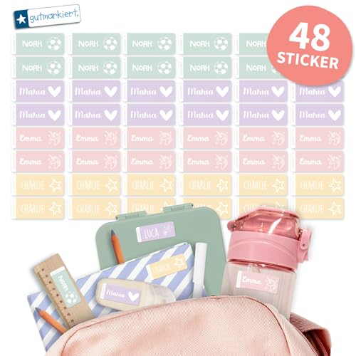 Gutmarkiert - Personalisierter Namensaufkleber, Etiketten in trendigen Farben (48 Etiketten - 4,1 x 1,6 cm)- mit Namen und einem weißen Symbol. (Unicorn, 48) von gutmarkiert