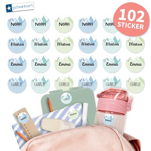 Gutmarkiert - Runde personalisierte Namensaufkleber für die Schule. Elegant für Bücher, Hefte, Mappen, Trinkflaschen. Mikrowellen- und spülmaschinenfest. Format: 3,1 cm. (Berge, 102) von gutmarkiert