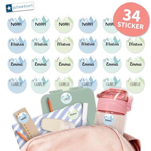 Gutmarkiert - Runde personalisierte Namensaufkleber für die Schule. Elegant für Bücher, Hefte, Mappen, Trinkflaschen. Mikrowellen- und spülmaschinenfest. Format: 3,1 cm. (Berge, 34) von gutmarkiert