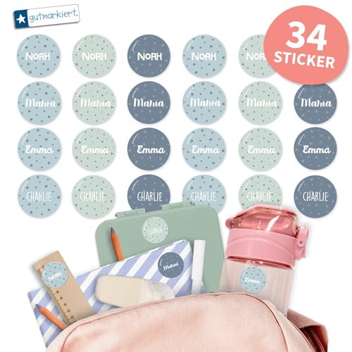 Gutmarkiert - Runde personalisierte Namensaufkleber für die Schule. Elegant für Bücher, Hefte, Mappen, Trinkflaschen. Mikrowellen- und spülmaschinenfest. Format: 3,1 cm. (Blau Design, 34) von gutmarkiert