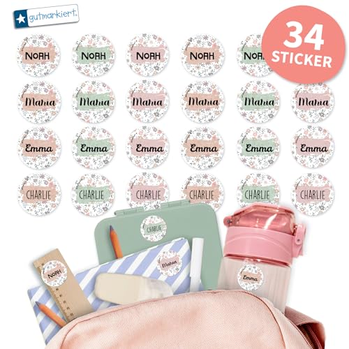 Gutmarkiert - Runde personalisierte Namensaufkleber für die Schule. Elegant für Bücher, Hefte, Mappen, Trinkflaschen. Mikrowellen- und spülmaschinenfest. Format: 3,1 cm. (Blumen Design, 34) von gutmarkiert
