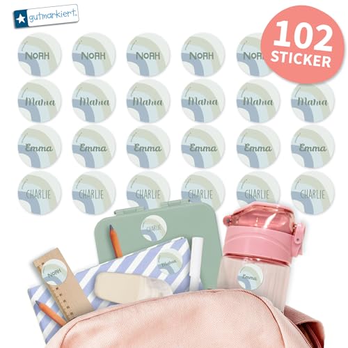 Gutmarkiert - Runde personalisierte Namensaufkleber für die Schule. Elegant für Bücher, Hefte, Mappen, Trinkflaschen. Mikrowellen- und spülmaschinenfest. Format: 3,1 cm. (Regenbogen blau, 102) von gutmarkiert