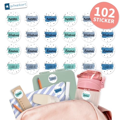 Gutmarkiert - Runde personalisierte Namensaufkleber für die Schule. Elegant für Bücher, Hefte, Mappen, Trinkflaschen. Mikrowellen- und spülmaschinenfest. Format: 3,1 cm. (Weiß Blau, 102) von gutmarkiert