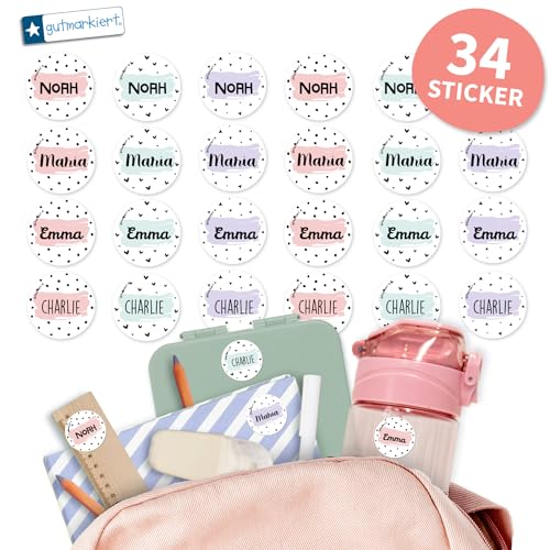Gutmarkiert - Runde personalisierte Namensaufkleber für die Schule. Elegant für Bücher, Hefte, Mappen, Trinkflaschen. Mikrowellen- und spülmaschinenfest. Format: 3,1 cm. (Weiß Pastell, 34) von gutmarkiert