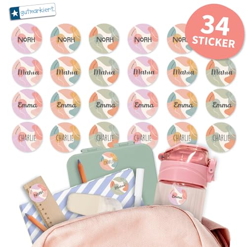 Gutmarkiert - Runde personalisierte Namensaufkleber für die Schule. Elegant für Bücher, Hefte, Mappen, Trinkflaschen. Mikrowellen- und spülmaschinenfest. Format: 3,1 cm. (Wellen rosa, 34) von gutmarkiert