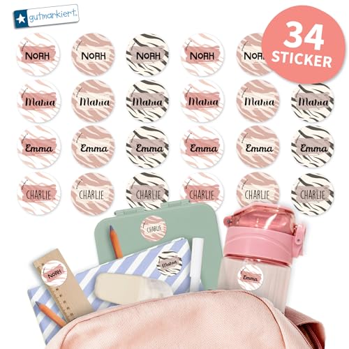 Gutmarkiert - Runde personalisierte Namensaufkleber für die Schule. Elegant für Bücher, Hefte, Mappen, Trinkflaschen. Mikrowellen- und spülmaschinenfest. Format: 3,1 cm. (Zebra, 34) von gutmarkiert