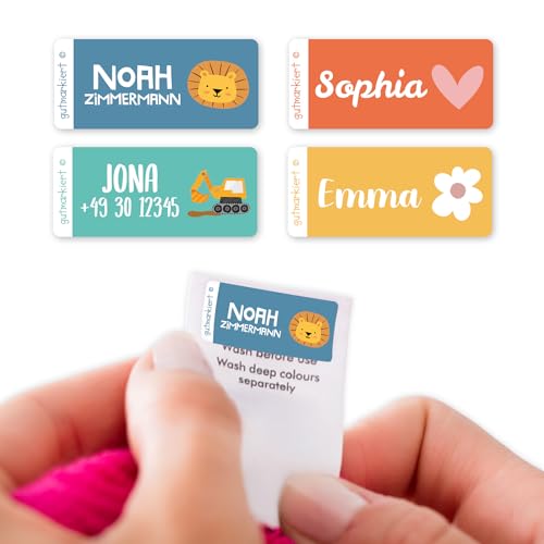 Gutmarkiert – Personalisierte Namensaufkleber für Kinder Kleidung – Langlebige Namensetiketten für Kinder – Personalisierbare Textilaufkleber – einfach anzubringen – 40 Stück 26x12mm – Colourful von gutmarkiert
