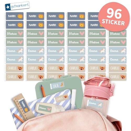 gutmarkiert – Namensaufkleber für Kinder für Kleidung, Stifte und Mehr – Personalisierbare Namensetiketten mit Namen & Symbol – wasserfest – Schule & Kindergarten – 96 Stück 41x16mm – Nature von gutmarkiert