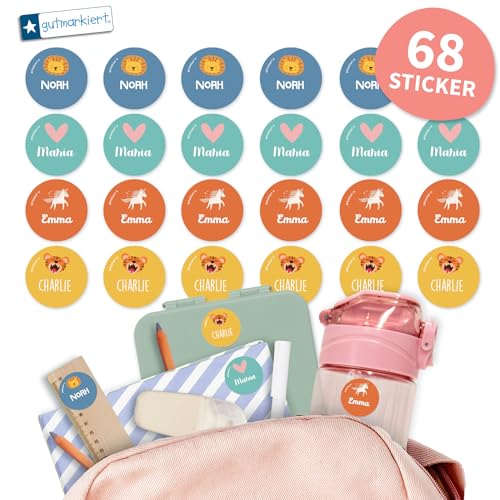 gutmarkiert – Runde Namensaufkleber für Kinder – Personalisierbare Namensetiketten mit Namen & Motiv – wasserfest und langlebig – Ideal für Schule & Kindergarten – 31x31mm – (Colourful, 68) von gutmarkiert