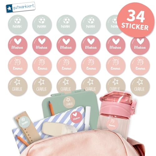 gutmarkiert – Runde Namensaufkleber für Kinder wasserfest und langlebig – Personalisierbare Namensetiketten mit Namen & Motiv – Ideal für Schule & Kindergarten – 31x31mm – Farbe (Beach, 34) von gutmarkiert