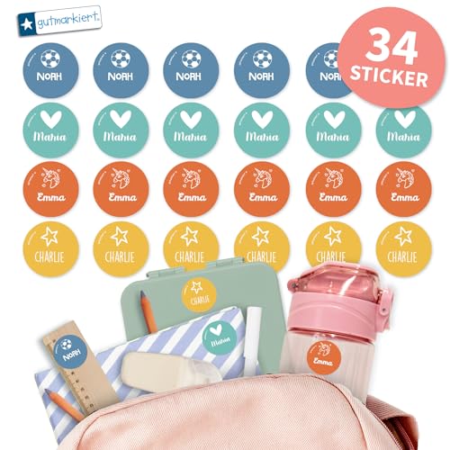 gutmarkiert – Runde Namensaufkleber für Kinder wasserfest und langlebig – Personalisierbare Namensetiketten mit Namen & Motiv – Ideal für Schule & Kindergarten – 31x31mm – Farbe (Colourful, 34) von gutmarkiert