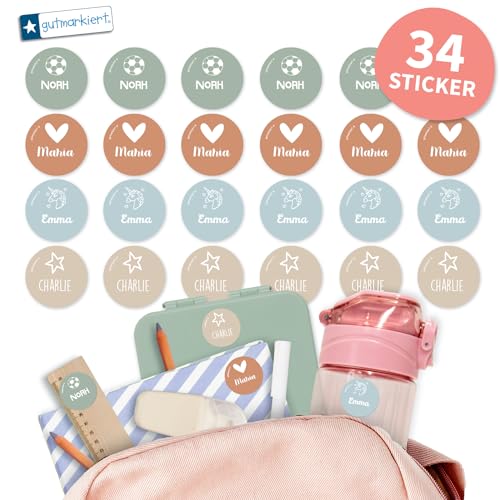 gutmarkiert – Runde Namensaufkleber für Kinder wasserfest und langlebig – Personalisierbare Namensetiketten mit Namen & Motiv – Ideal für Schule & Kindergarten – 31x31mm – Farbe (Earth, 34) von gutmarkiert