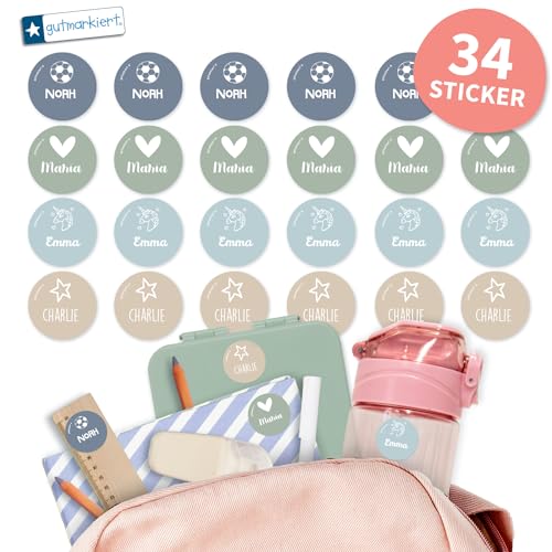 gutmarkiert – Runde Namensaufkleber für Kinder wasserfest und langlebig – Personalisierbare Namensetiketten mit Namen & Motiv – Ideal für Schule & Kindergarten – 31x31mm – Farbe (Nature, 34) von gutmarkiert