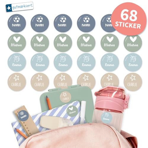 gutmarkiert – Runde Namensaufkleber für Kinder wasserfest und langlebig – Personalisierbare Namensetiketten mit Namen & Motiv – Ideal für Schule & Kindergarten – 31x31mm – Farbe (Nature, 68) von gutmarkiert