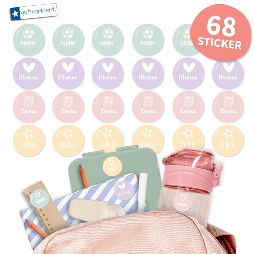 gutmarkiert – Runde Namensaufkleber für Kinder wasserfest und langlebig – Personalisierbare Namensetiketten mit Namen & Motiv – Ideal für Schule & Kindergarten – 31x31mm – Farbe (Unicorn, 68) von gutmarkiert