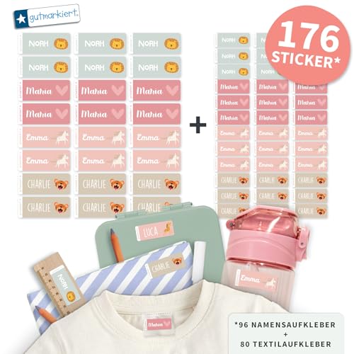 gutmarkiert Set mit personalisierbaren Ettiketten–kleine Namensaufkleber für Kinder für Stifte, Bücher (41x16mm)–Stück Textilaufkleber Namensaufkleber für Kinder-Kleidung (26x12mm) (Beach, 176) von gutmarkiert