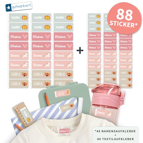gutmarkiert Set mit personalisierbaren Ettiketten–kleine Namensaufkleber für Kinder für Stifte, Bücher (41x16mm)–Stück Textilaufkleber Namensaufkleber für Kinder-Kleidung (26x12mm) (Beach, 88) von gutmarkiert