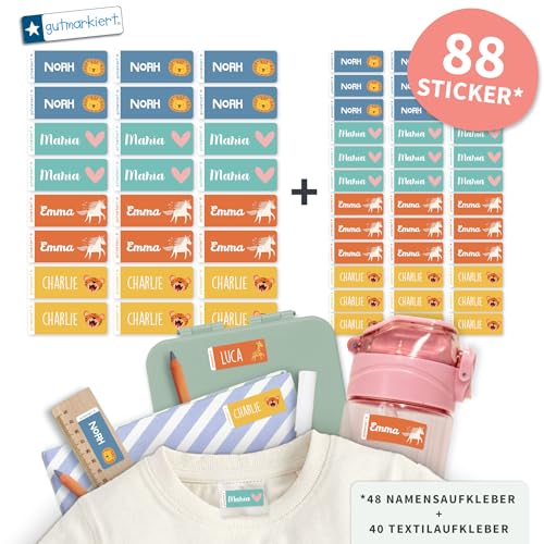gutmarkiert Set mit personalisierbaren Ettiketten–kleine Namensaufkleber für Kinder für Stifte, Bücher (41x16mm)–Stück Textilaufkleber Namensaufkleber für Kinder-Kleidung (26x12mm) (Colourful, 88) von gutmarkiert