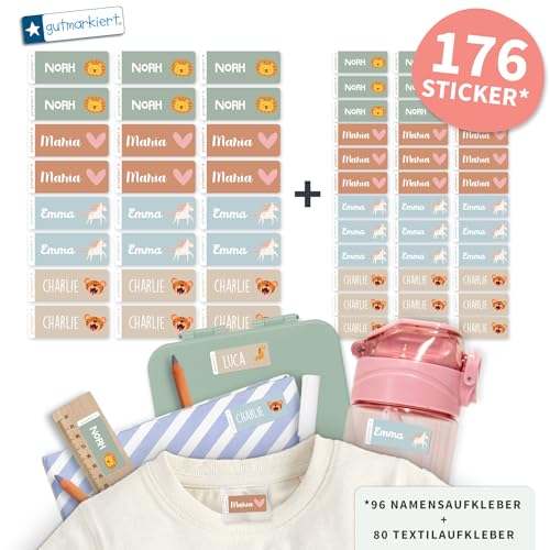 gutmarkiert Set mit personalisierbaren Ettiketten–kleine Namensaufkleber für Kinder für Stifte, Bücher (41x16mm)–Stück Textilaufkleber Namensaufkleber für Kinder-Kleidung (26x12mm) (Earth, 176) von gutmarkiert