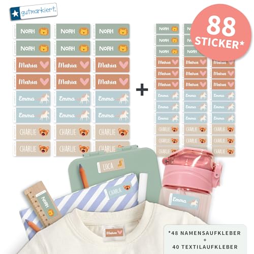 gutmarkiert Set mit personalisierbaren Ettiketten–kleine Namensaufkleber für Kinder für Stifte, Bücher (41x16mm)–Stück Textilaufkleber Namensaufkleber für Kinder-Kleidung (26x12mm) (Earth, 88) von gutmarkiert