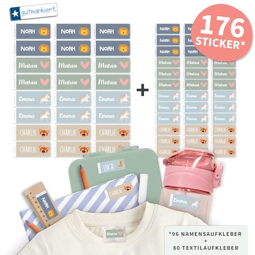 gutmarkiert Set mit personalisierbaren Ettiketten–kleine Namensaufkleber für Kinder für Stifte, Bücher (41x16mm)–Stück Textilaufkleber Namensaufkleber für Kinder-Kleidung (26x12mm) (Nature, 176) von gutmarkiert